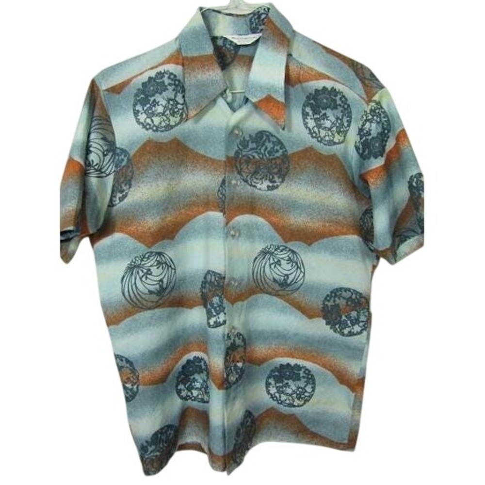 Casual Short-Sleeve Button-Down Shirt in Teal & Rust